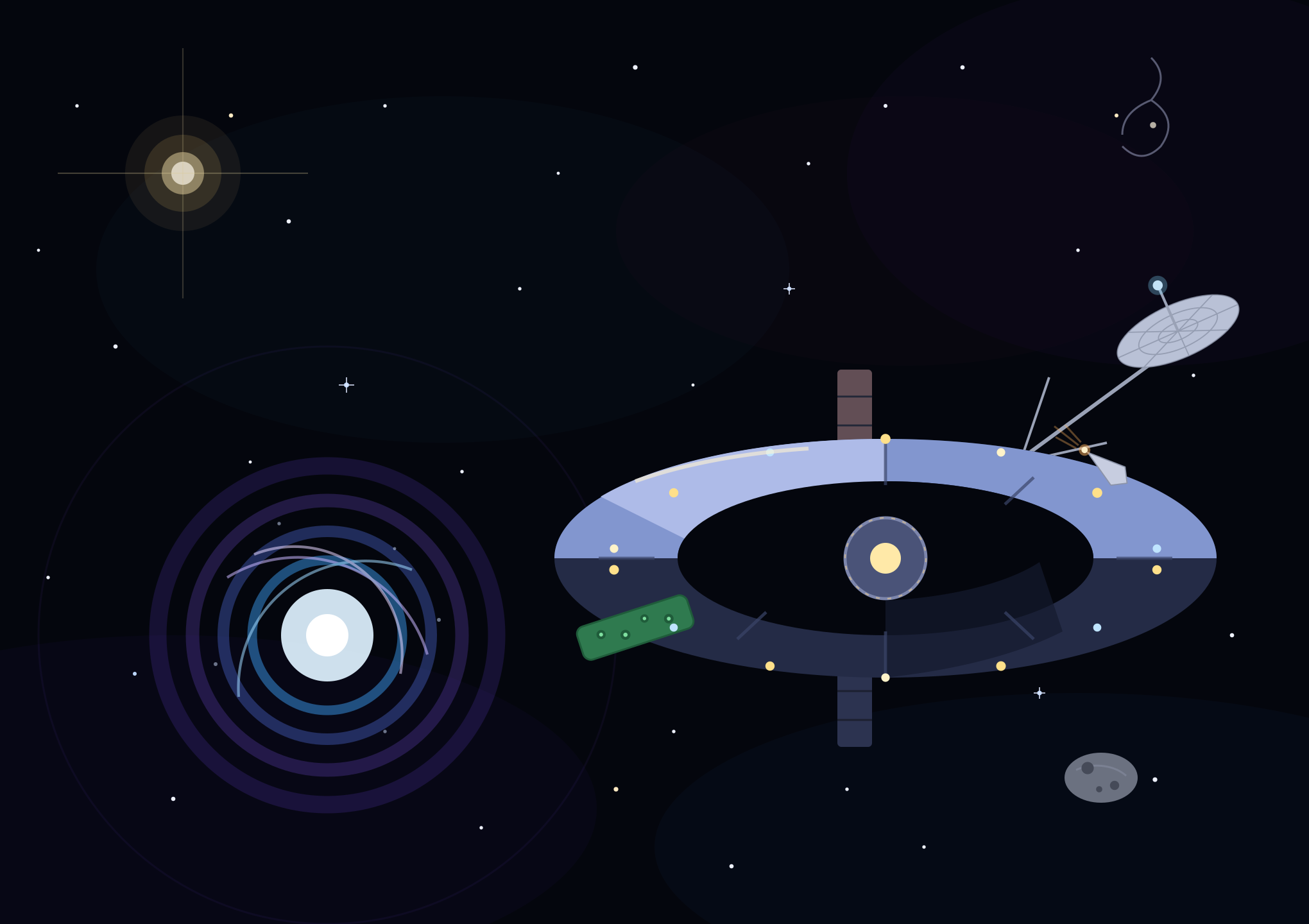 Concept art of Threshold Station, a rotating ring settlement near a glowing wormhole